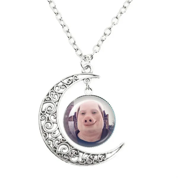 Design Custom Moon Pendant Necklace with Pig Face Photo Insert Silver Jewelry - 1