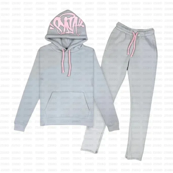 Design Graffiti Hoodie and Sweatpants Set Gray Pink - 1