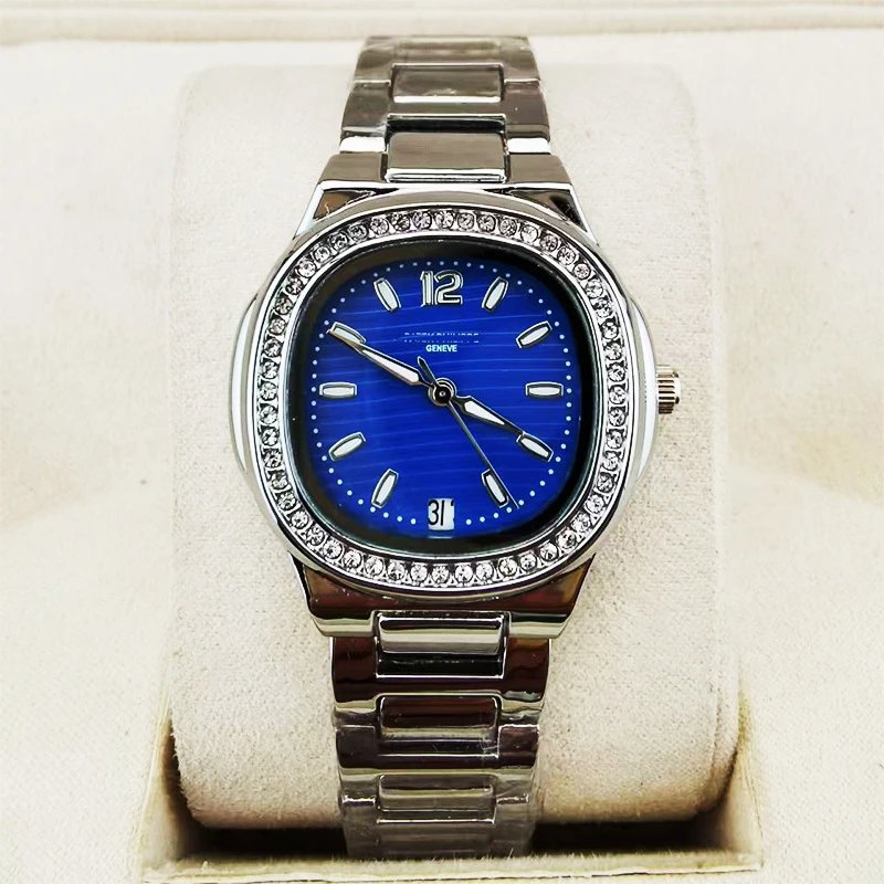 Design Octagonal Blue Dial Crystal-Bezel Stainless Steel Watch Watches - 5