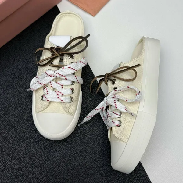 Design Mule Sneaker Black White Red Rope Lace Canvas Shoes - 14