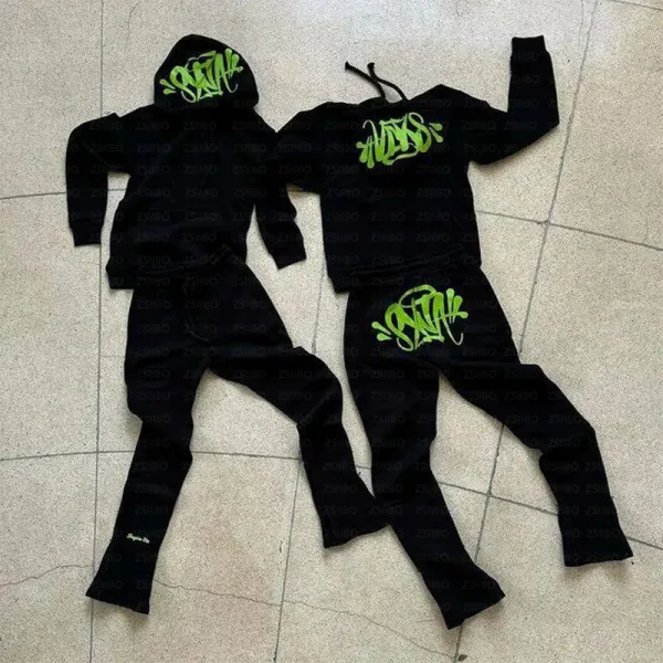 Design Graffiti Hoodie and Sweatpants Set Black with Neon Green Print - 1