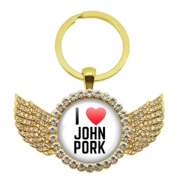 Design I Love John Pork Winged Keychain Gold Jewelry - 1