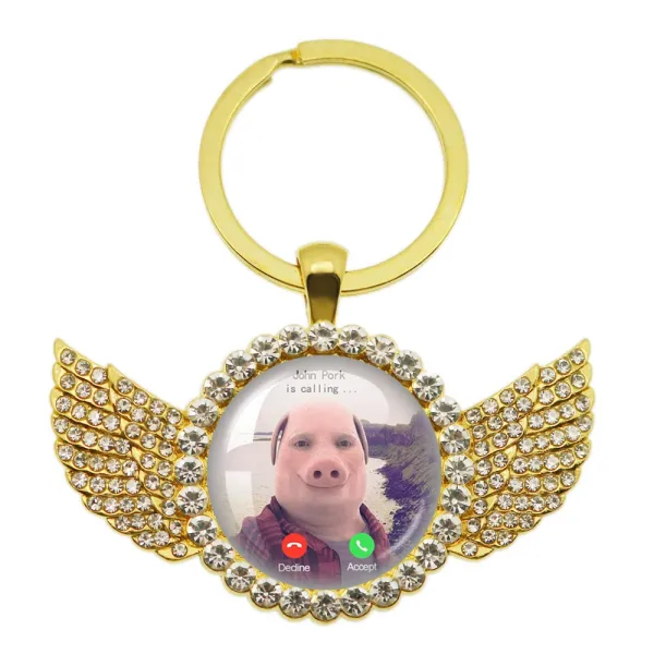 Design Winged Pig Call Screen Keychain Gold Jewelry - 1