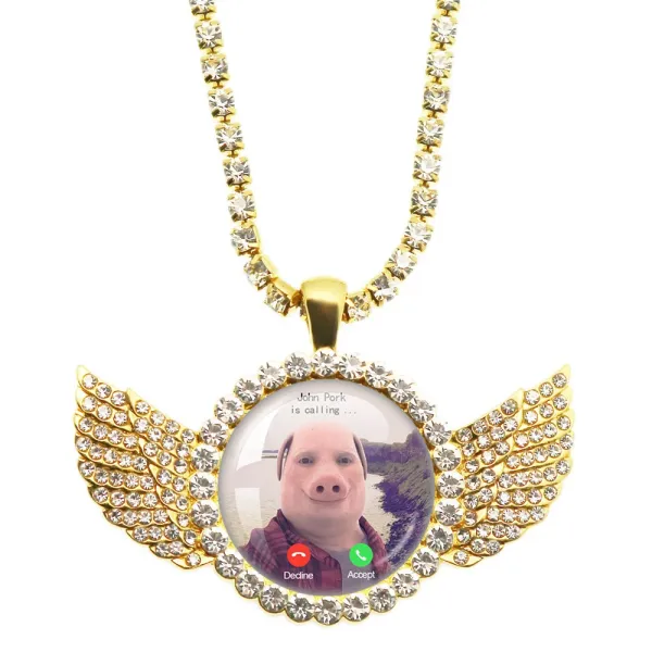 Design Custom Winged Pendant Necklace with Crystal Accents Gold Jewelry - 1