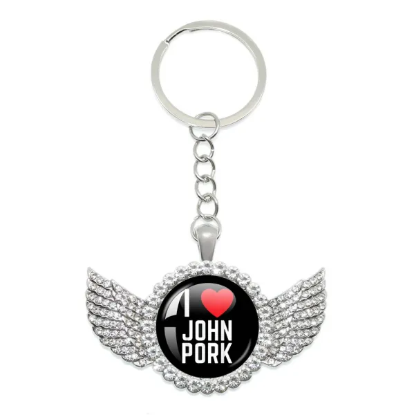 Design I Love John Pork Winged Keychain Black Silver Jewelry - 1