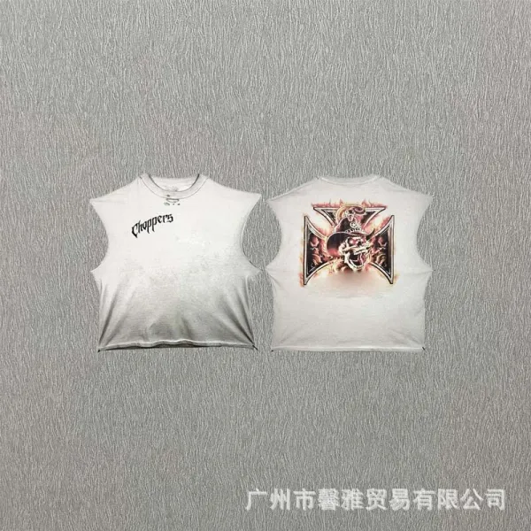 Design Choppers Skull Iron Cross Cropped Sleeveless Tee White Vest Top - 1