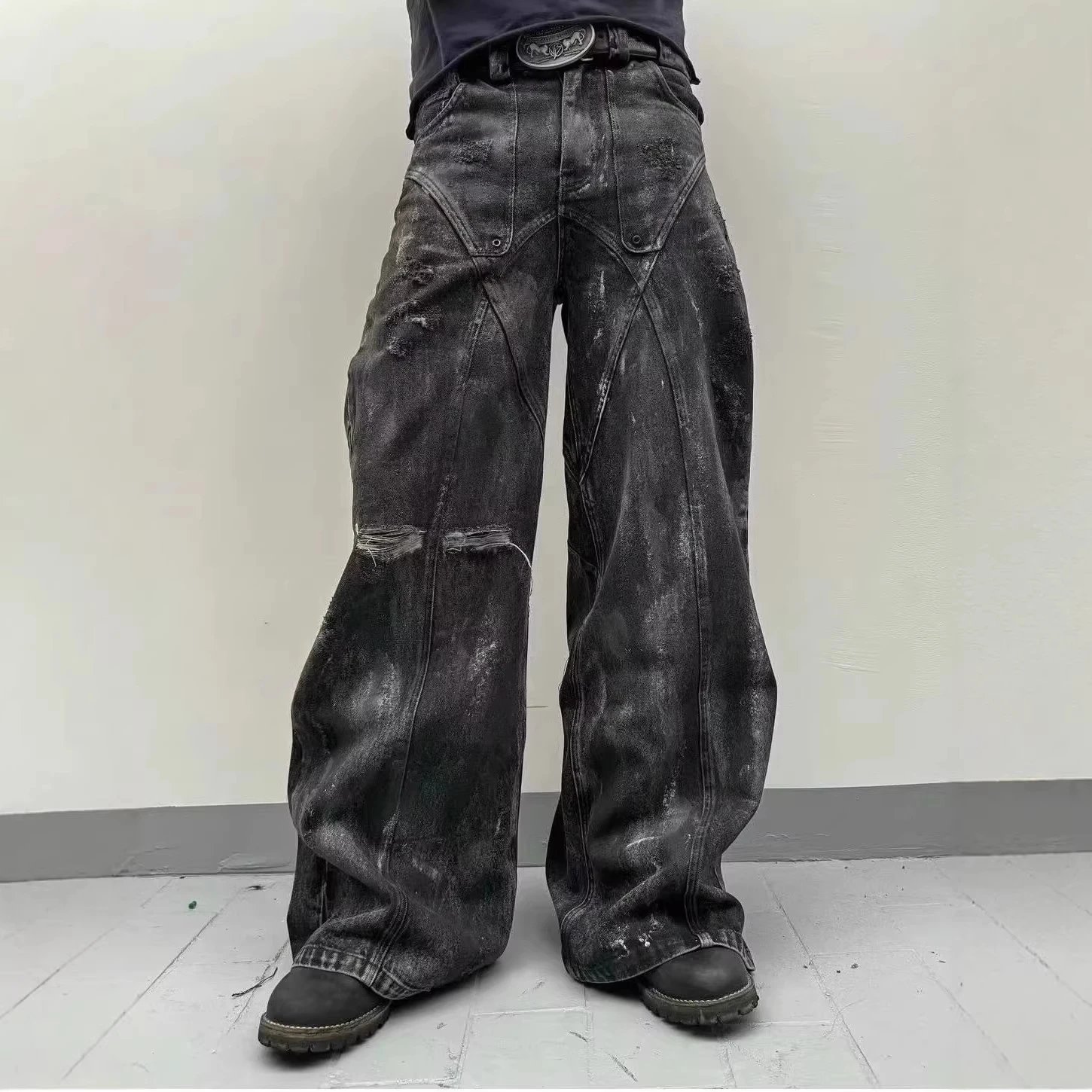 Distressed Wide-Leg Denim Jeans
