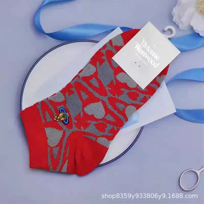 Vivienne Westwood Orb Logo Socks Red Gray Abstract Print Socks