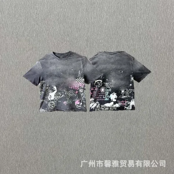 Design Graffiti Print Acid Wash Cropped T-Shirt Multicolor - 1