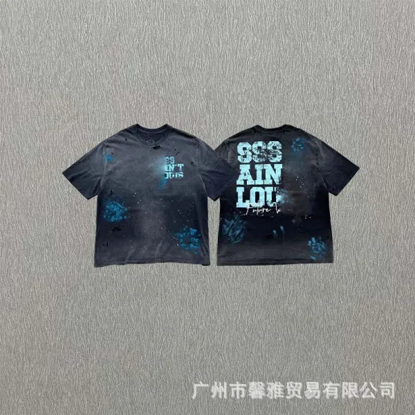 Design Distressed Galaxy Print T-Shirt Black Blue - 1