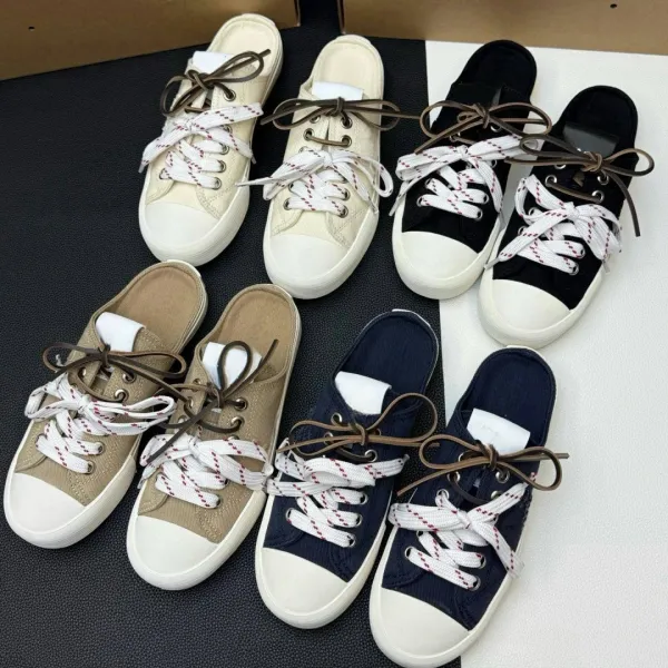 Design Mule Sneaker Black White Red Rope Lace Canvas Shoes - 3
