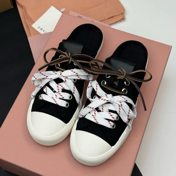 Design Mule Sneaker Black White Red Rope Lace Canvas Shoes - 1