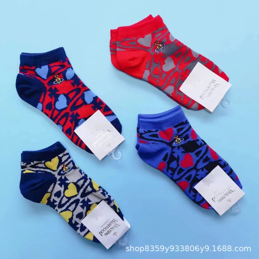Vivienne Westwood Orb Print Socks Navy Yellow Gray - 4