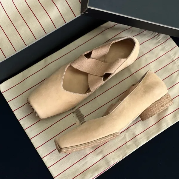 Design Square-Toe Ballet Flats Beige Suede Shoes Casual Shoes - 1