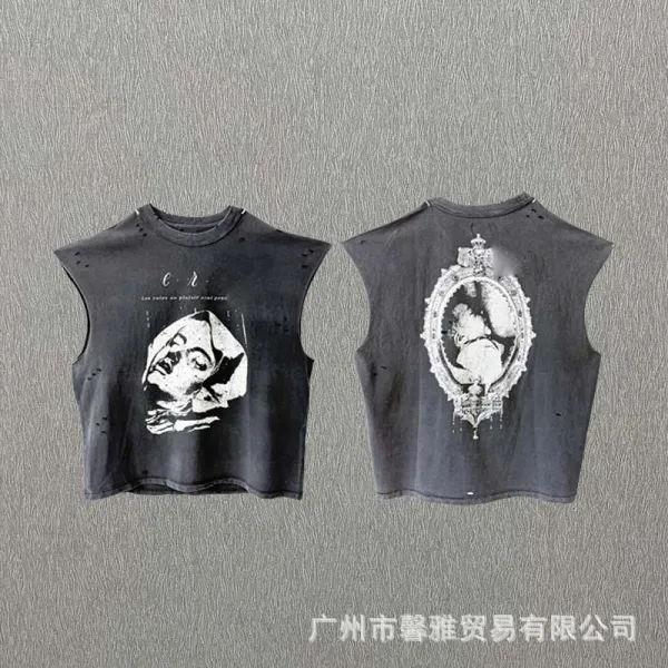 Design Distressed Graphic Cropped Sleeveless Top Black Vest Top - 1