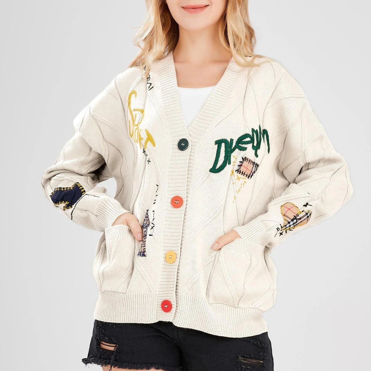 Cream Knit Cardigan With Embroidery