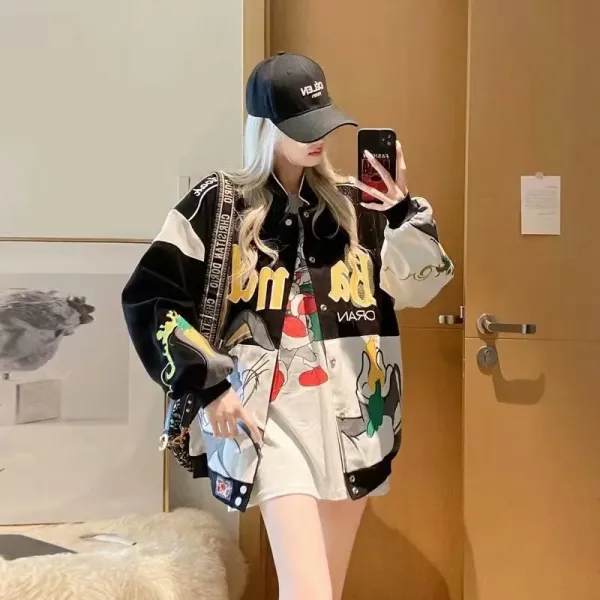Design Cartoon Print Oversized Denim Jacket Multicolor Outerwear - 1