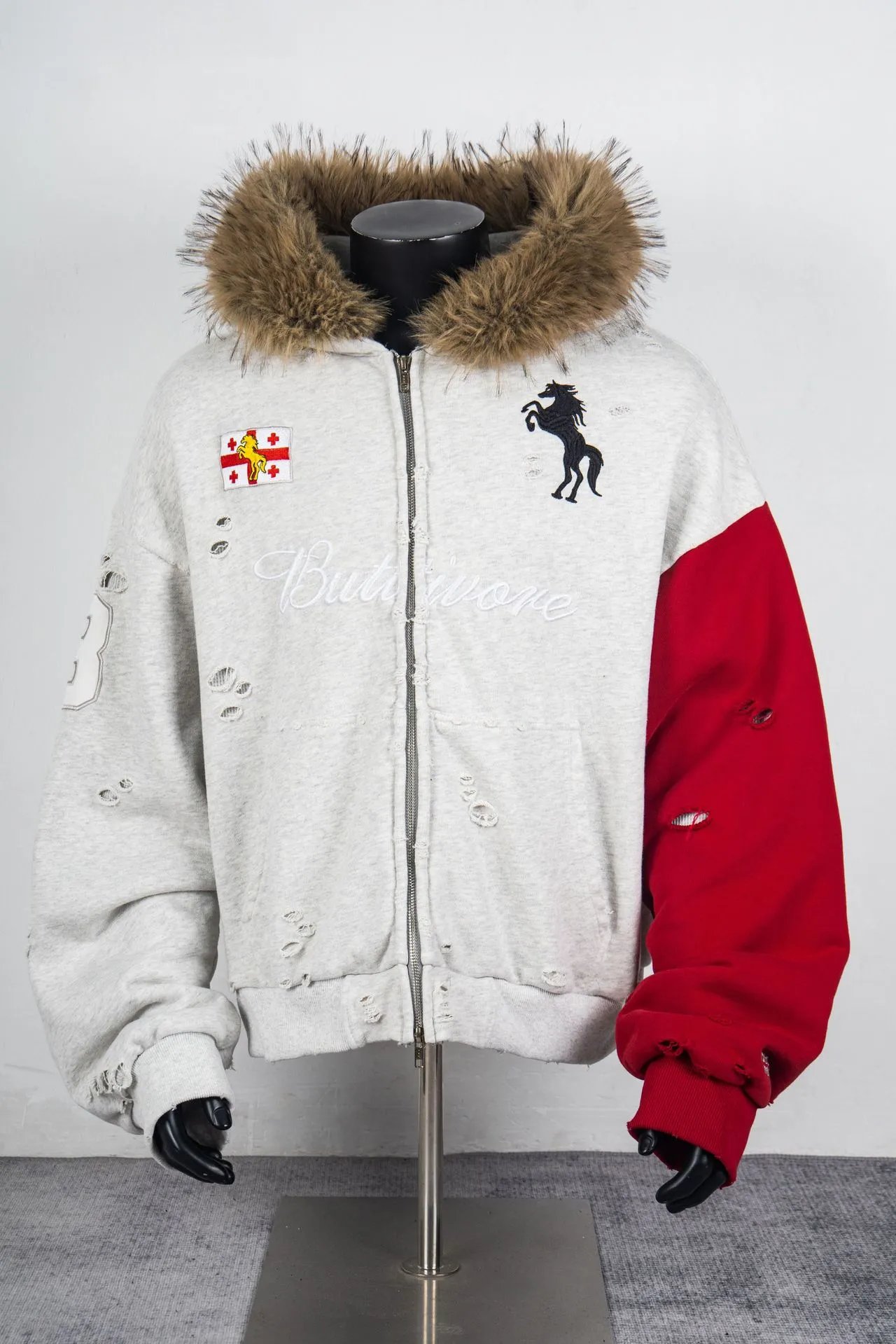 Design Buttivore Distressed Hooded Jacket Gray Red Outerwear - 4