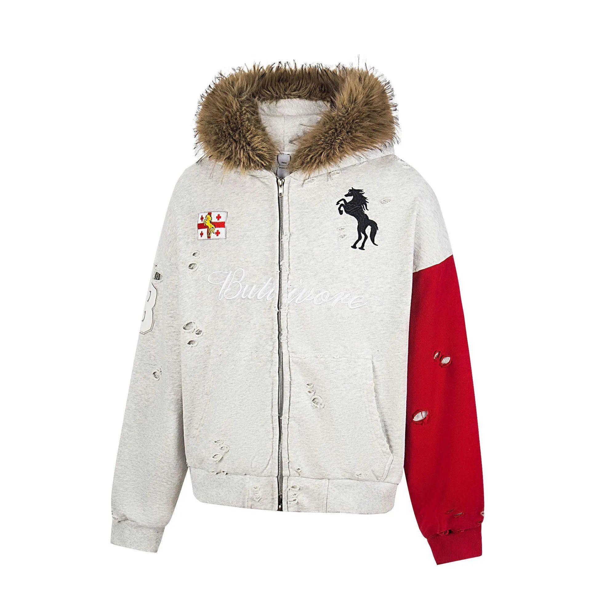 Design Buttivore Distressed Hooded Jacket Gray Red Outerwear - 6