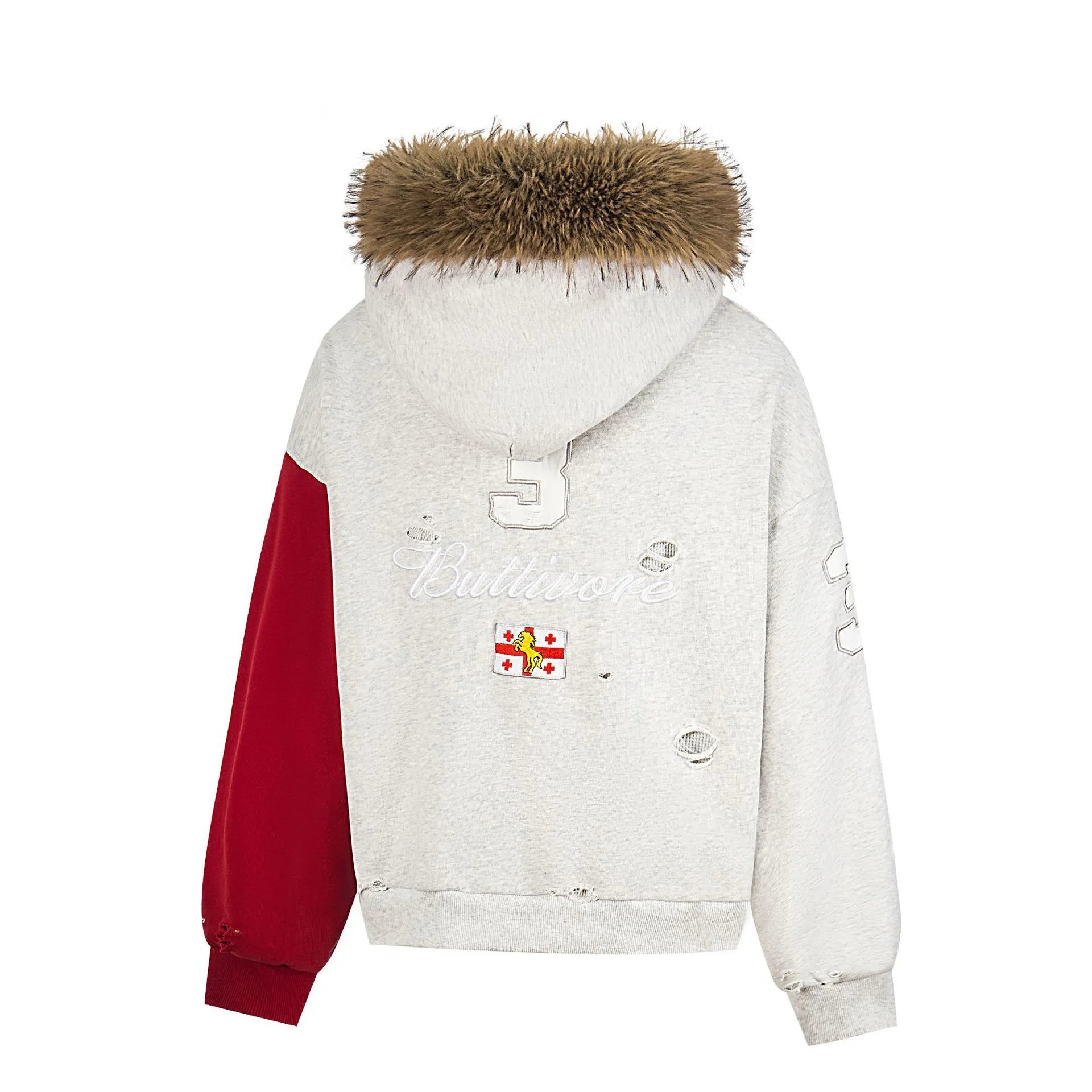 Design Buttivore Distressed Hooded Jacket Gray Red Outerwear - 7