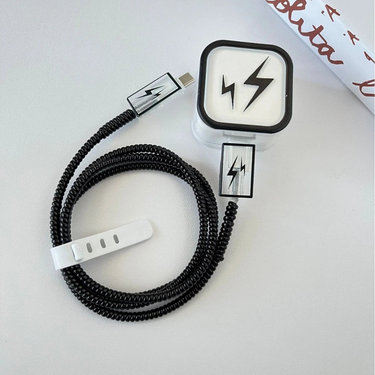 Design Coiled Lightning Cable Black White Phone Accessory