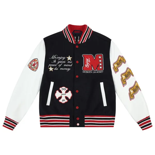 Design Mr. Enjoy Da Money Varsity Jacket Black White Red Outerwear.jacket - 1