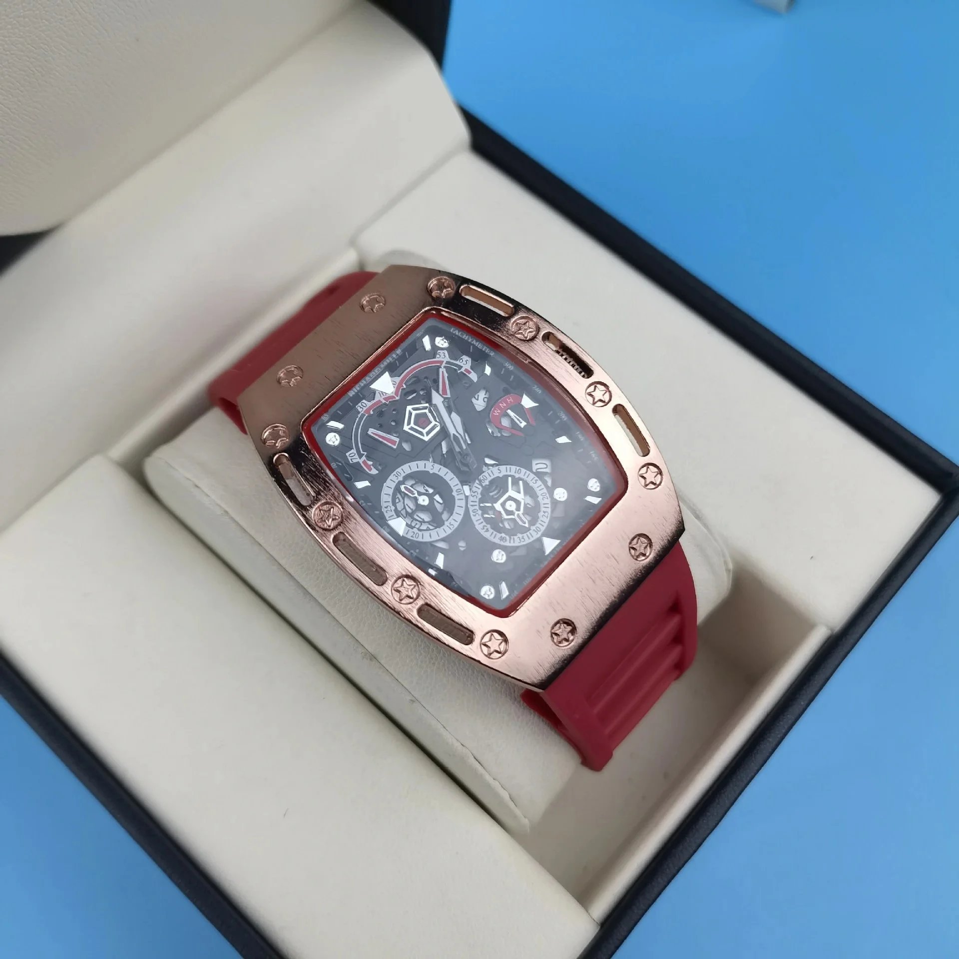 Design Rectangular Rose Gold-tone Watch with Black Dial and Rubber Strap Watches - 6