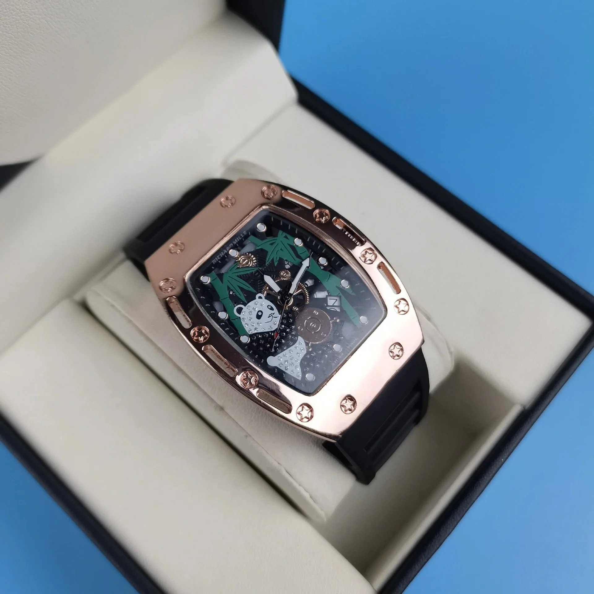 Design Rectangular Rose Gold-tone Watch with Black Dial and Rubber Strap Watches - 12