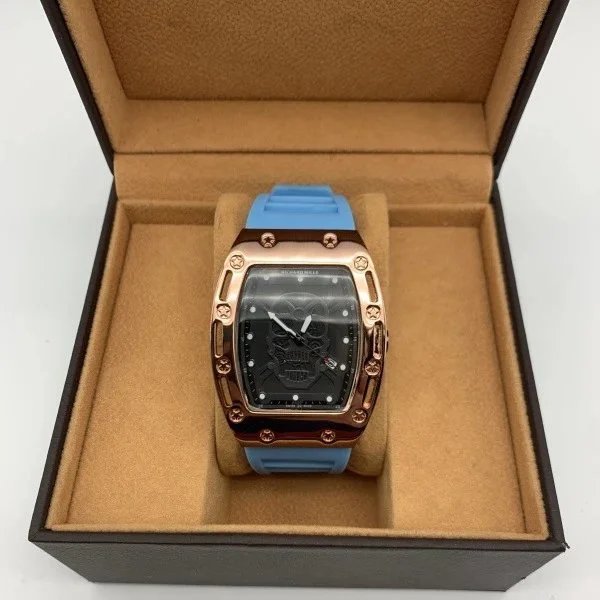 Design Rectangular Rose Gold-tone Watch with Black Dial and Rubber Strap Watches - 4