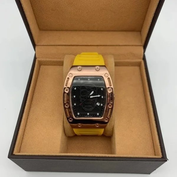 Design Rectangular Rose Gold-tone Watch with Black Dial and Rubber Strap Watches - 10