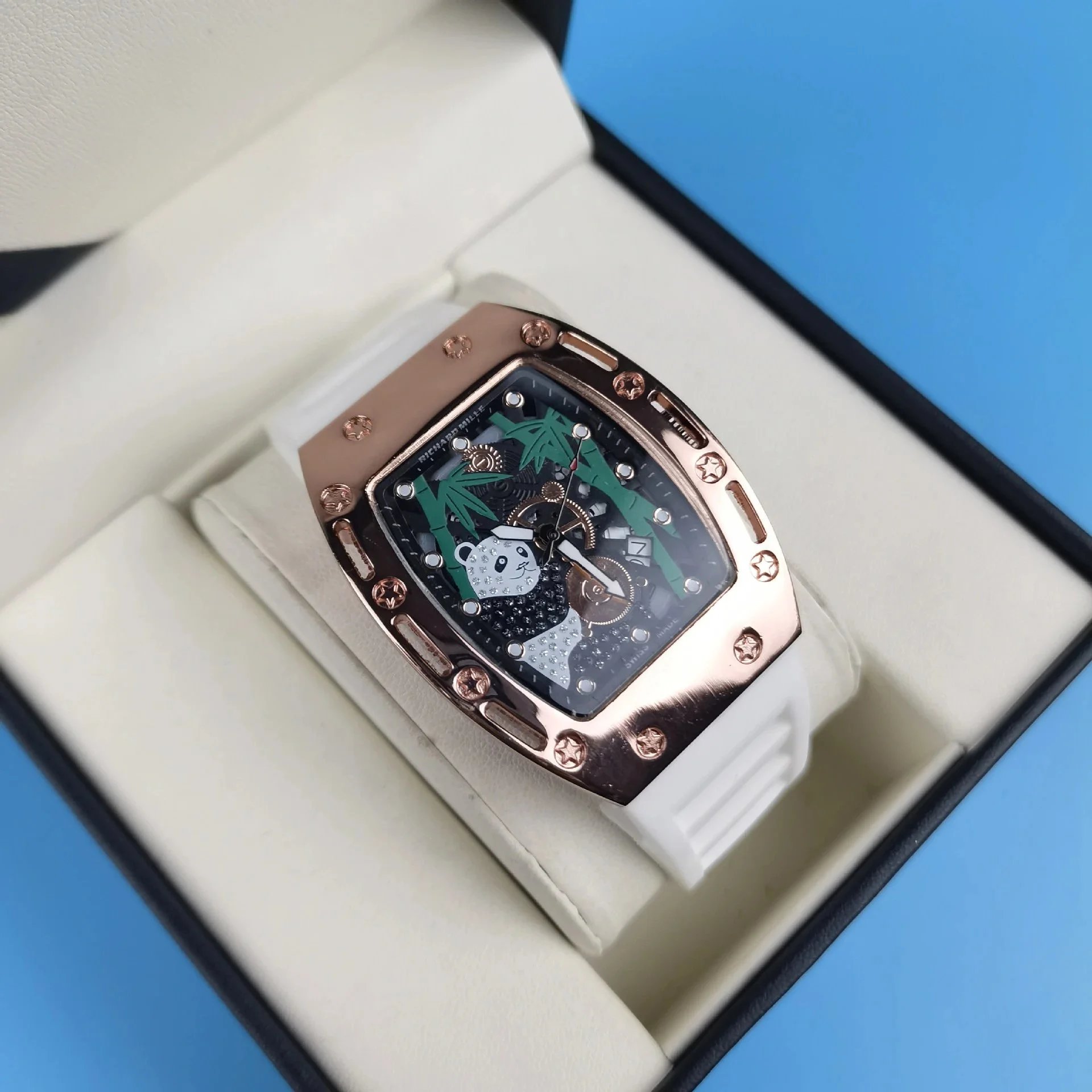 Design Rectangular Rose Gold-tone Watch with Black Dial and Rubber Strap Watches - 13