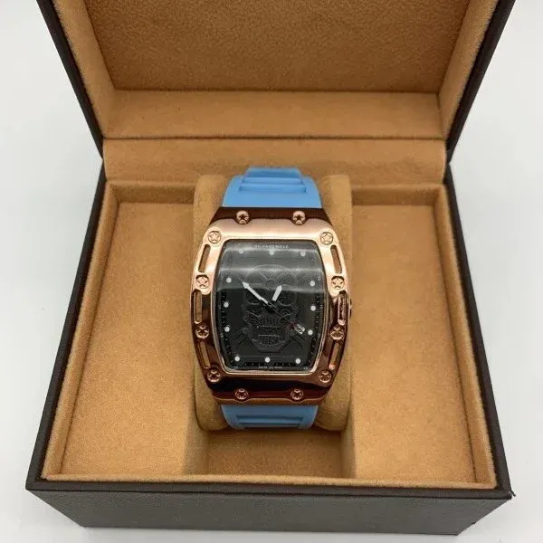 Philipp Plein Skull Watch Rose Gold Blue Rubber Strap Watch Watches - 1