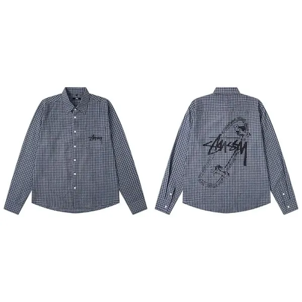 Stüssy Checkered Long-Sleeve Shirt Navy/Gray - 1