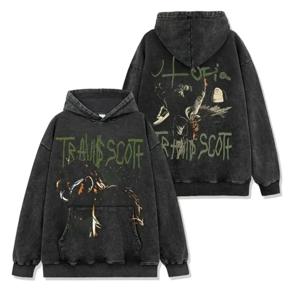 Travis Scott Hoodie Black Acid Wash Graphic Print Hoodie - 1