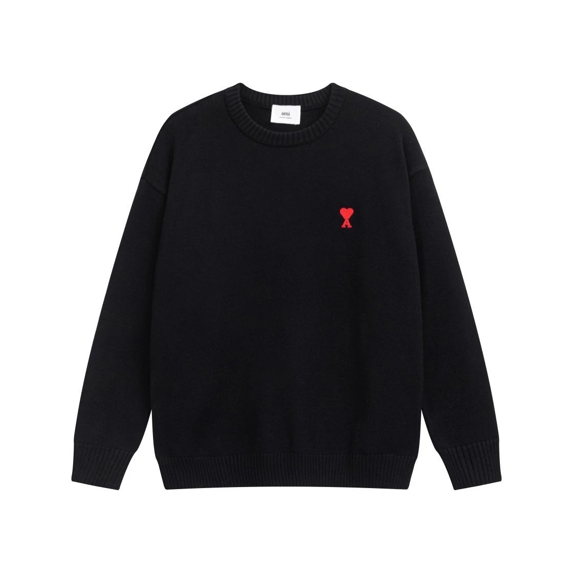 Ami Paris Heart Embroidery Cream Beige Black Crewneck Sweater