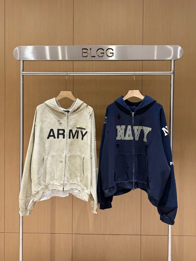 Unbranded Hoodies & Sweatshirts Distressed color-block zip-up hoodie with military-inspired graphic print product detail image 28