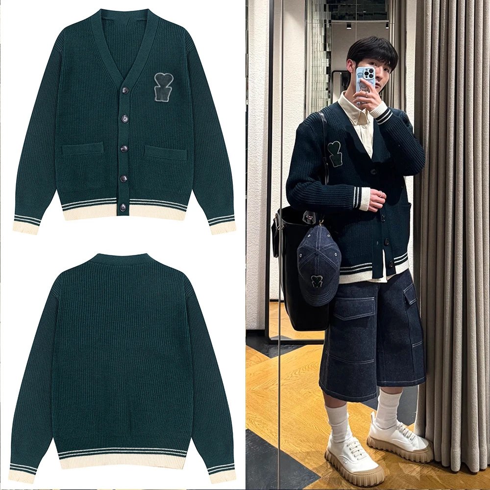 Heart Letter Embroidered V-Neck Knit Cardigan