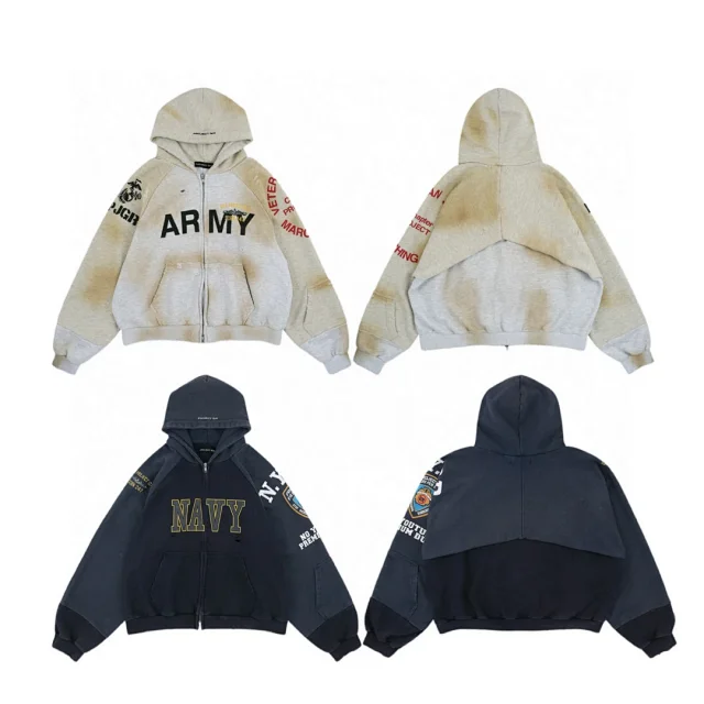 Unbranded Hoodies & Sweatshirts Distressed color-block zip-up hoodie with military-inspired graphic print product detail image 27