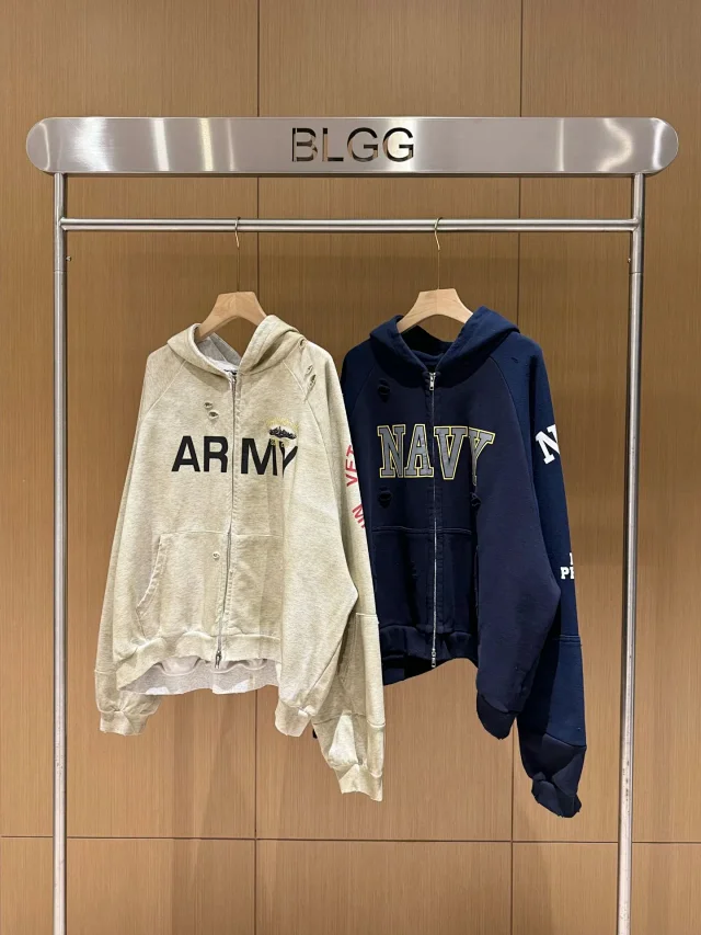 Unbranded Hoodies & Sweatshirts Distressed color-block zip-up hoodie with military-inspired graphic print product detail image 30