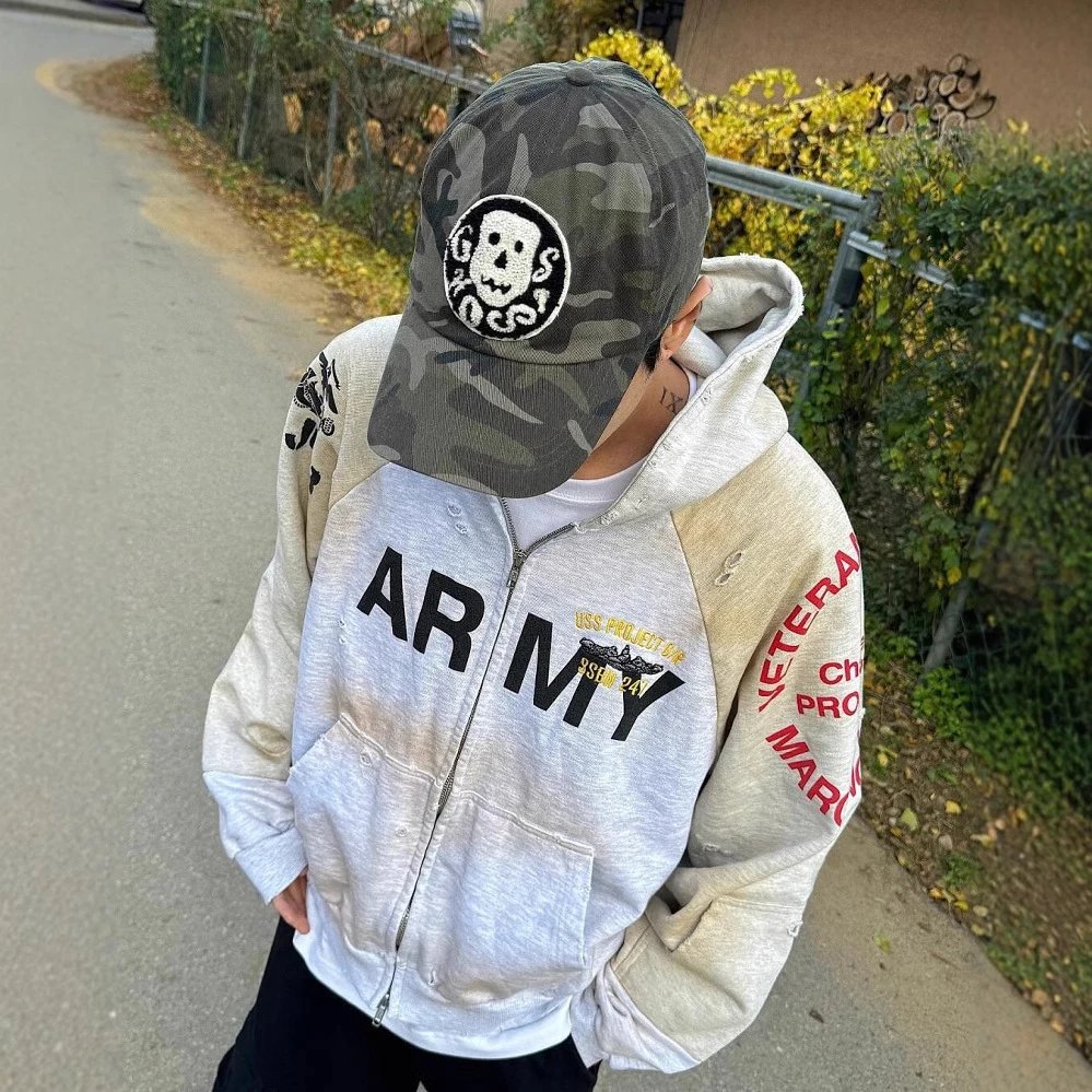 Unbranded Hoodies & Sweatshirts Distressed color-block zip-up hoodie with military-inspired graphic print image 2