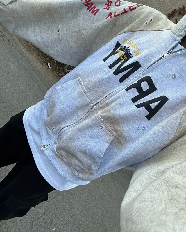 Unbranded Hoodies & Sweatshirts Distressed color-block zip-up hoodie with military-inspired graphic print product detail image 16