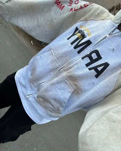 Philipp Plein x Custom Military-Style Zip-Up Hoodie in Gray with Camo Cap - 19