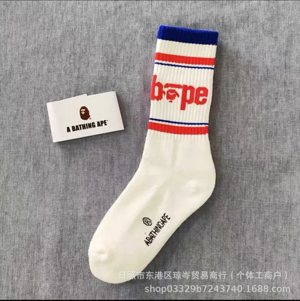 A Bathing Ape Logo Stripe Crew Socks White - 1