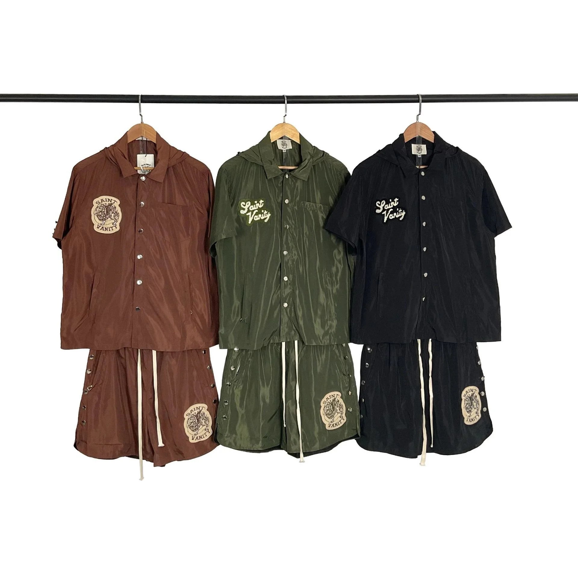 Saint Lettering Towel Embroidery Hooded Short Sleeve Shirt and Casual Shorts Set