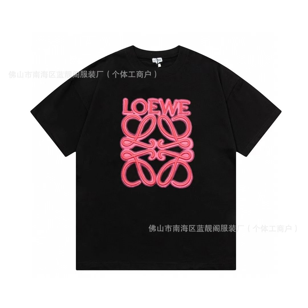 Loewe Anagram Logo Pink Embroidered Black T-Shirt - 1
