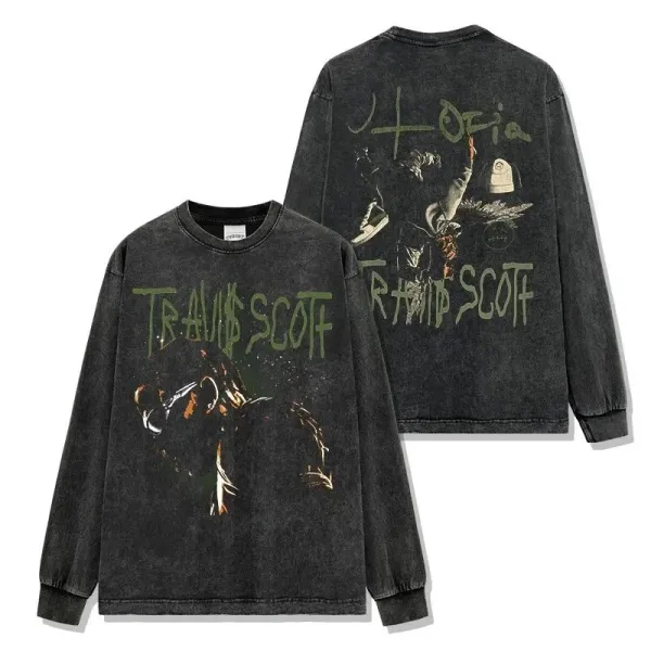 Travis Scott Long Sleeve Graphic Tee Black Acid Wash T-Shirts - 1