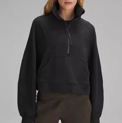 Unbranded Hoodies & Sweatshirts Half-Zip Funnel-Neck Pullover Sweatshirt with Kangaroo Pocket — black