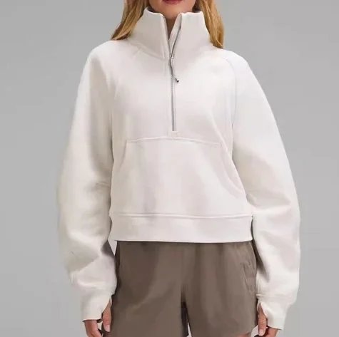Unbranded Hoodies & Sweatshirts Half-Zip Funnel-Neck Pullover Sweatshirt with Kangaroo Pocket — Beige