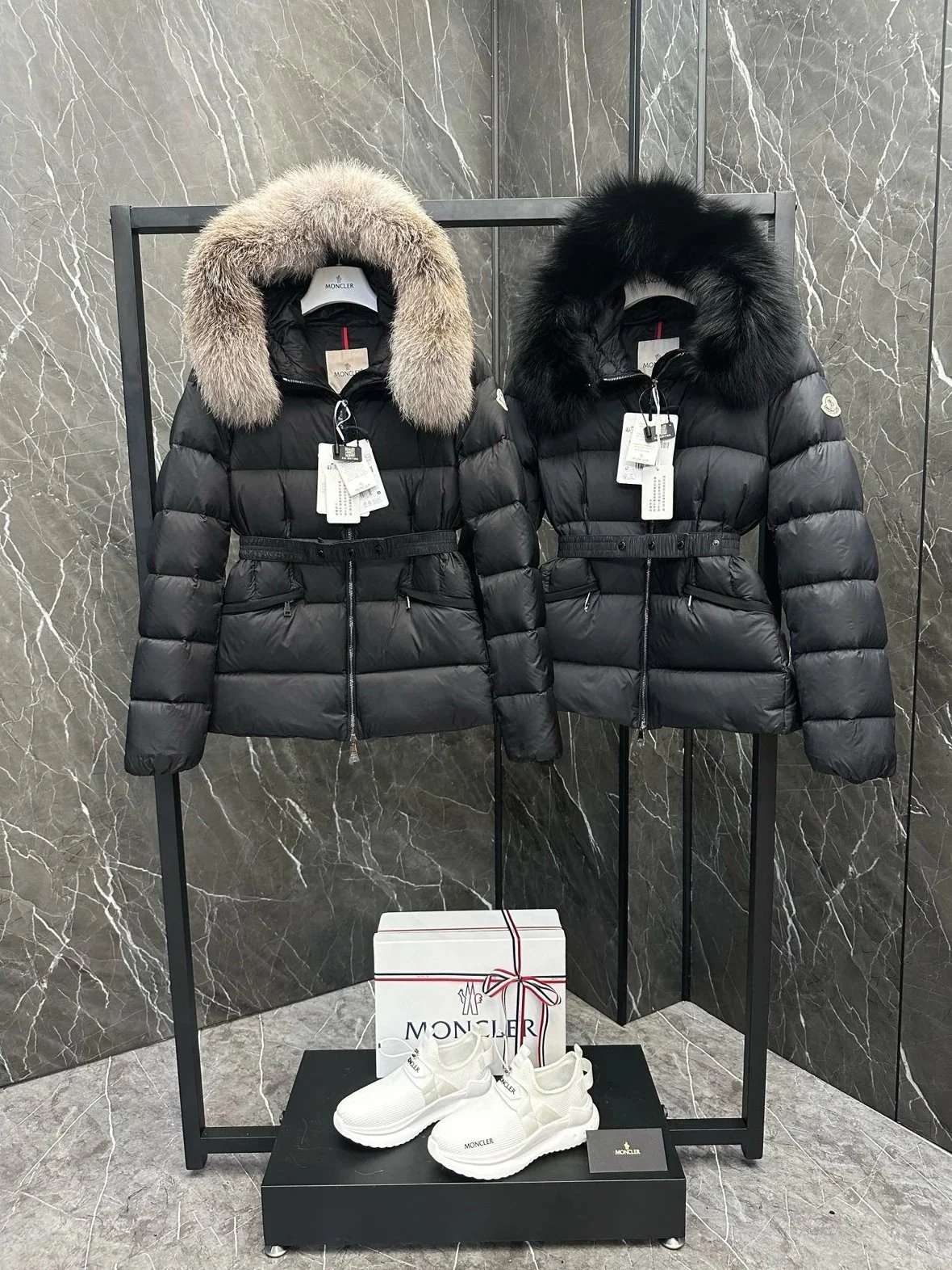 Moncler Down Jackets Belted fur-trim hood puffer jacket image 1