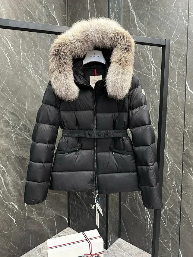 Moncler Down Jackets Belted fur-trim hood puffer jacket product detail image 8